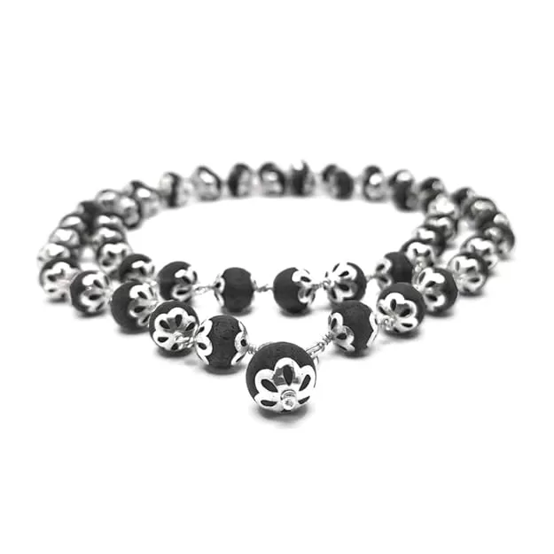 Original 925 Silver Karungali Malai with Cap (8MM, 54 Beads, 30 Inches)