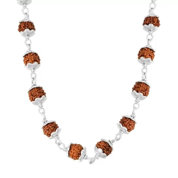 Original 925 Silver Rudraksha Mala (5 Mukhi, 6MM, 54 Beads, 27 Inchs)