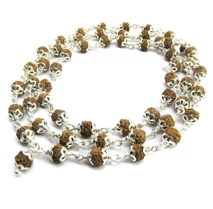 Original 925 Silver Rudraksha Mala (5 Mukhi, 8MM, 54 Beads, 30 Inchs)