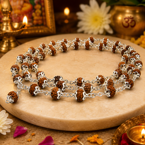 Original 925 Silver Rudraksha Mala (5 Mukhi, 8MM, 54 Beads, 30 Inchs)