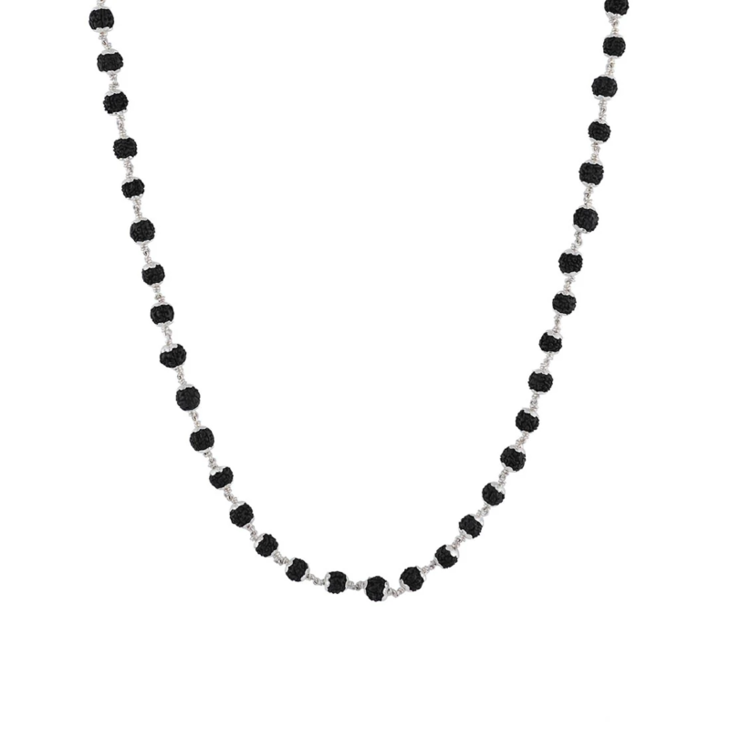 Original 925 Silver Black Rudraksha Mala (5 Mukhi, 6MM, 54 Beads, 27 Inchs)