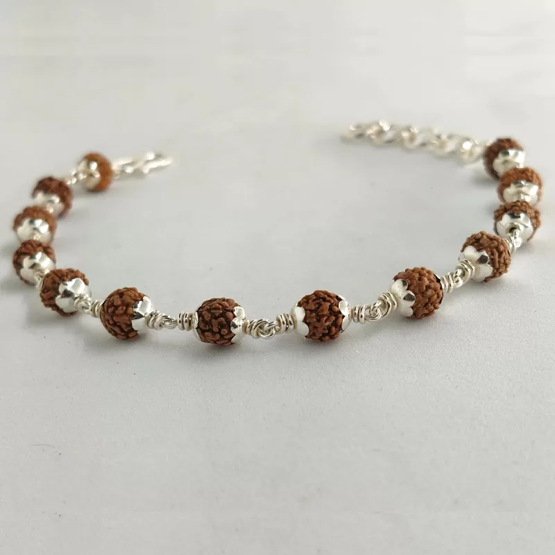 Original 925 Silver Rudraksha Bracelet for Men & women | (7 MM Natural Beads- Brown Colour - Lab Certified)